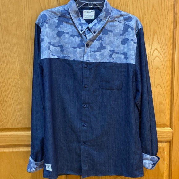 7 Diamonds Mens Long Sleeve Button Front Blue Camo Flip Cuff Shirt Size XL - Picture 1 of 10